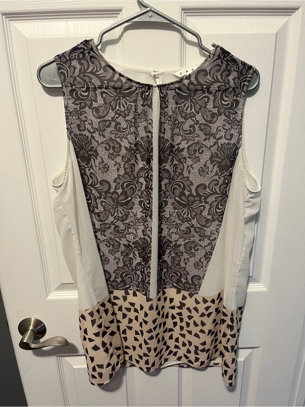 CAbi Sleeveless Mixed-Print Tunic in Black, Cream, Beige